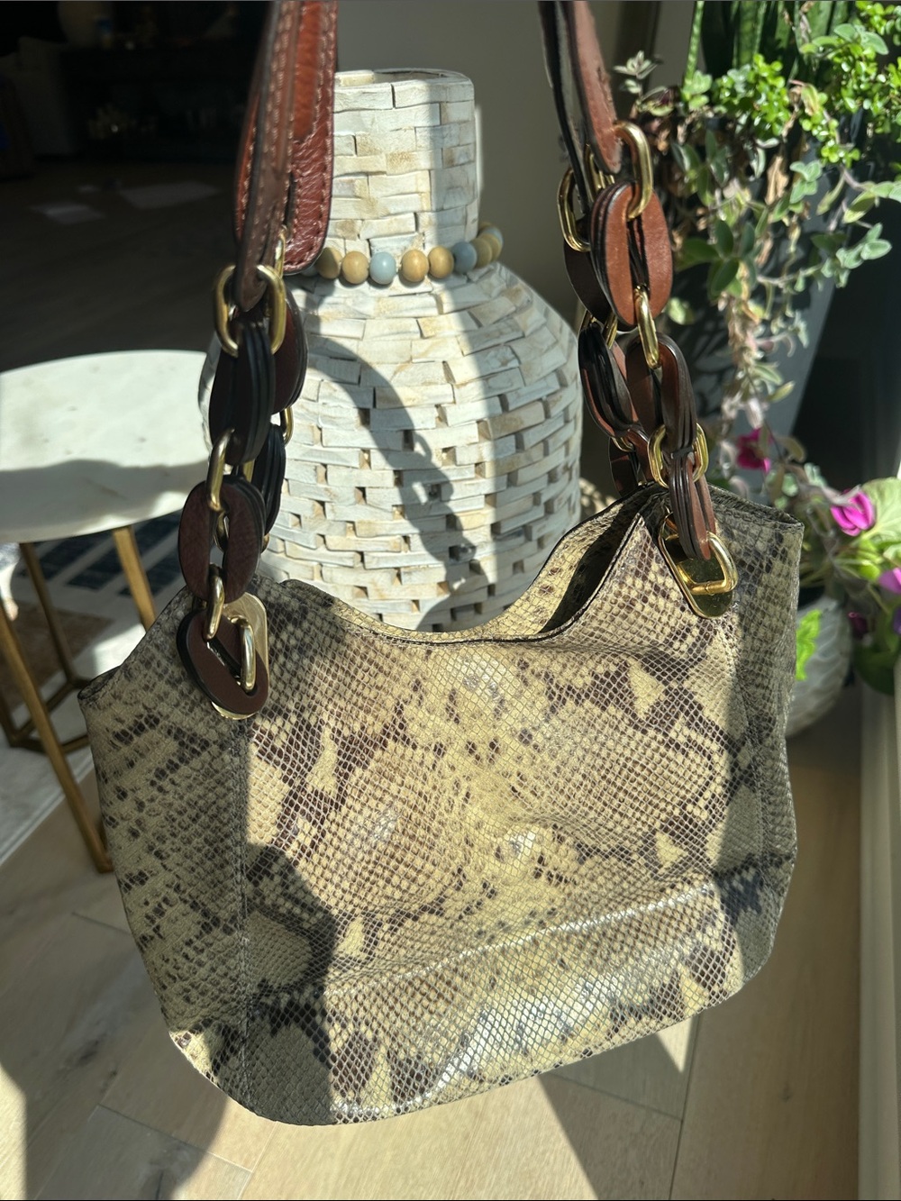 Michael Kors Taupe and Brown Snake-Print Shoulder Hobo - Picture 5 of 9